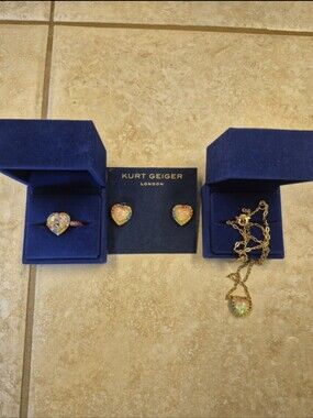 Kurt Geiger London Rainbow Heart Mother Of Pearl Earrings, Ring & Necklace Set